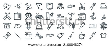 set of 40 flat sew web icons in line style such as threads, pinking shears, handloom, hand craft, sewing tools, sewing clip art, pleat icons for report, presentation, diagram, web design