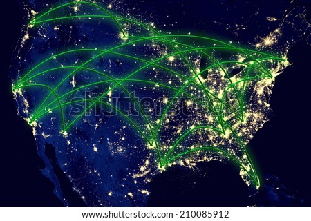 United States network night map earth from space. Elements of this image furnished by NASA. Royalty-Free Stock Photo #210085912