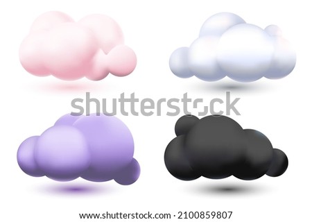 Set of realistic 3d clouds on white background. Soft round fluffy clouds icon in the sky. Geometric shapes. 3d render vector illustrations.