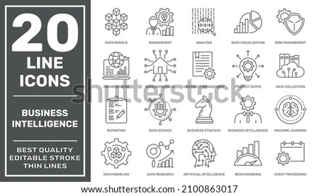 Set of business intelligence icons such as machine learning, data modeling, visualization, risk management and more different. High quality. Editable stroke. EPS10 Royalty-Free Stock Photo #2100863017