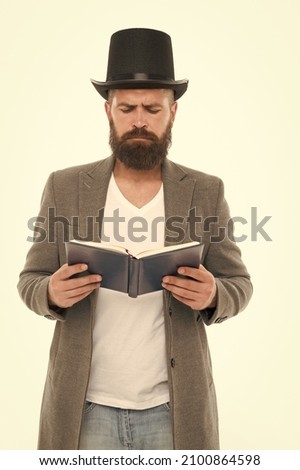 I have to study. Gentleman in top hat read study book. Bearded man isolated on white. Back to study. Return to education. Private teaching. Private lesson. Study of poetry. School for life