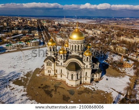 Ascension Cathedral in Novocherkassk in winter day, aerial view from drone.