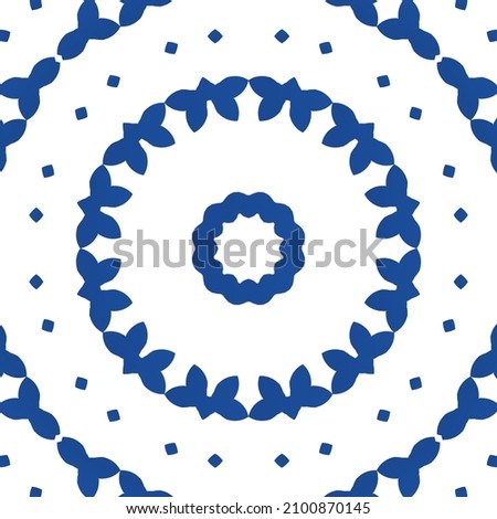 Ethnic ceramic tile in portuguese azulejo. Vector seamless pattern frame. Colored design. Blue vintage ornament for surface texture, towels, pillows, wallpaper, print, web background.