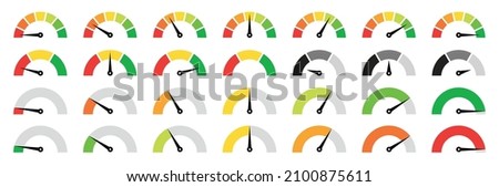 Speedometer, gauge meter icons. Vector scale, level of performance. Speed dial indicator . Green and red, low and high barometers, dashboard with arrows. Infographic of risk, gauge, score progress. Royalty-Free Stock Photo #2100875611