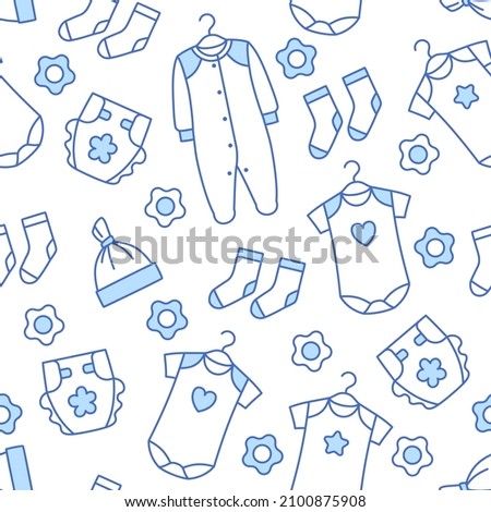 Baby clothes thin line seamless pattern. Newborn baby store outline decoration background. Apparel tile for wallpaper, print, wrapping paper. Textile trendy design. Kid accessories vector illustration