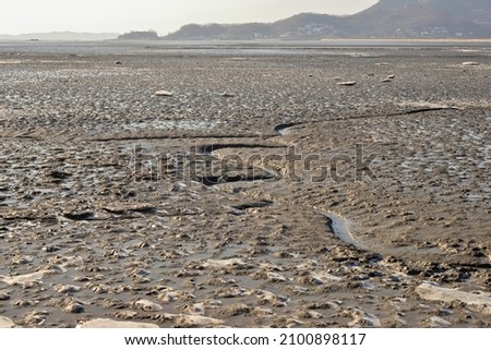 Various lines created by the waterways of the coastal tidal flat in Seondu-ri, Ganghwa-do Island, are receiving light from the winter afternoon sun. Royalty-Free Stock Photo #2100898117