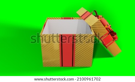 opened beautified goldish and red giftbox on green screen, isolated - object 3D rendering