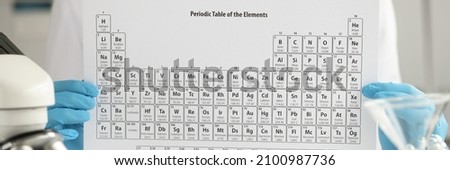 Gloved chemist holds periodic table of chemical elements. Chemical element classification and education concept Royalty-Free Stock Photo #2100987736