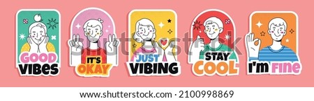 Hand drawn flat design trendy cartoon badges and labels with funny people.