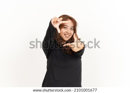 Make Frame With Finger Of Beautiful Asian Woman Wearing Black Shirt Isolated On White Background