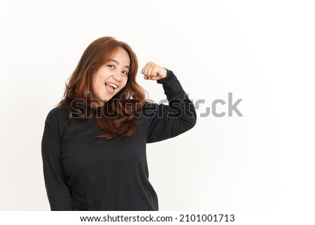 Showing strength arms Of Beautiful Asian Woman Wearing Black Shirt Isolated On White Background