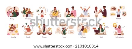 Basic human needs and essentials. Psychology concept of life areas development. Happy people, their pleasures and self-realization in work, love. Flat vector illustration isolated on white background