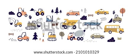 Cute cars in Scandinavian style. Childish road transport toys set. Tractor, bus, dump truck, excavator, forklift, taxi and pickup auto. Colored flat vector illustrations isolated on white background