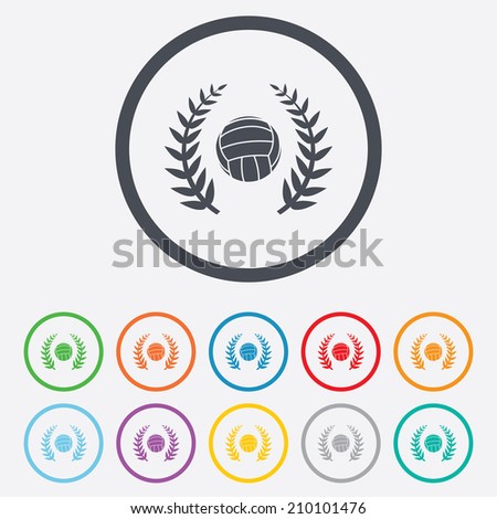 Volleyball sign icon. Beach sport laurel wreath symbol. Winner award. Round circle buttons with frame. Vector