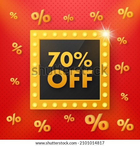 Light 70 percent discount in retro style on red background. Vintage, retro design. Isolated background. Sale banner. Discount banner design.