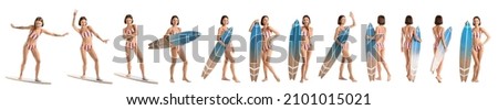 Beautiful woman with surfboard on white background