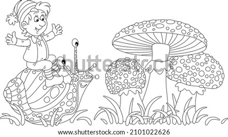 Merry little boy riding on a funny garden snail and big spotted fly agarics among grass on a forest glade, black and white outline vector cartoon illustration for a coloring book page