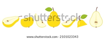 Yellow pears collection. Sweet slices, whole and half pear fruits set. Vector isolated on white background. Royalty-Free Stock Photo #2101023343