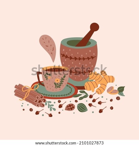 Spicy tea illustration. Hot flavored spiced tea party print. Cartoon cinnamon, ginger, black paper, cardamon, clove. Cup mortar, pestle masala tea vector card Chai tea print. Royalty-Free Stock Photo #2101027873