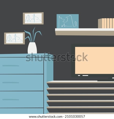 Beautiful isometric 2D illustration of a room with TV,cabinet,chest of drawers and shelves,with flowers books and pictures on the wall in a nice color scheme