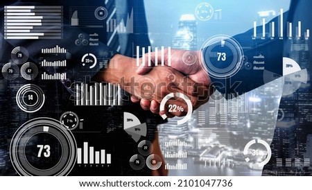 Conceptual business handshake with dashboard for financial data analysis . 3D render computer graphic .