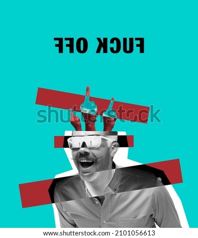 Couldn't-care-less attitude. Excited man laughing. Modern design, contemporary art collage. Inspiration, idea, trendy urban magazine style, fashion and creativity. Copy space for ad. Surrealism. Royalty-Free Stock Photo #2101056613
