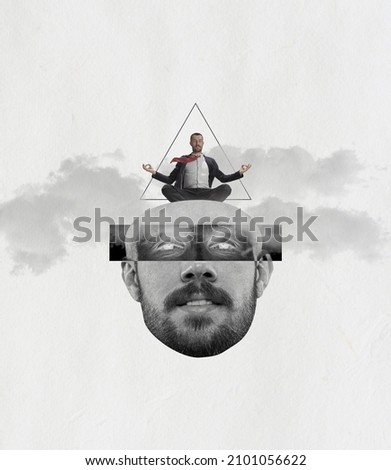 Withdraw into oneself. Man and male head in clouds. Modern design, contemporary art collage. Inspiration, idea, trendy urban magazine style, fashion and creativity. Copy space for ad. Surrealism.