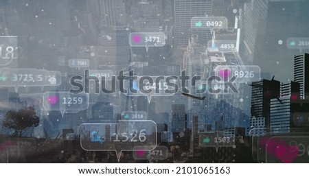 Image of social media icons over cityscape. global social media, communication, digital interface, technology and networking concept digitally generated image.