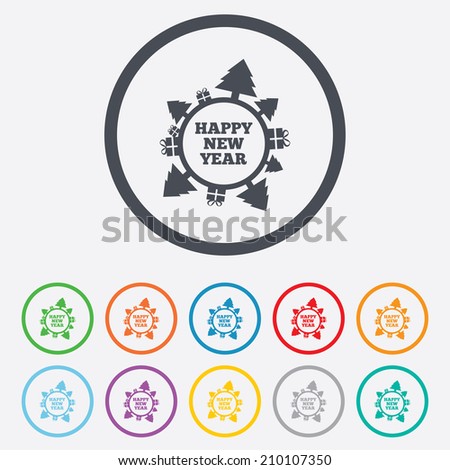 Happy new year globe sign icon. Gifts and trees symbol. Full rotation 360. Round circle buttons with frame. Vector