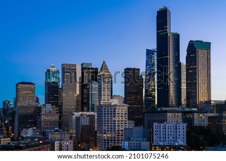 Seattle aerial skyline panorama of downtown at sunset, Washington USA.