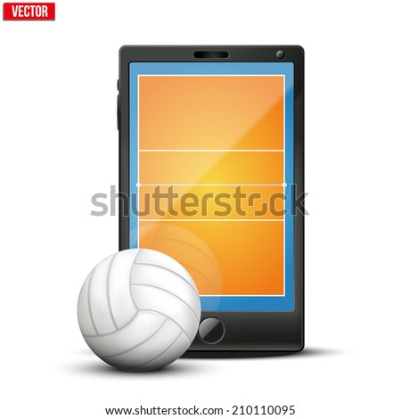 Smartphone with volleyball ball and field on the screen. Sports theme and applications. Vector illustration Isolated on white background.
