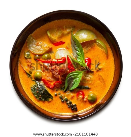 
Thai red curry menu with beef, pork or chicken. Coconut milk curry. Pork panang curry. Thai food. Isolated on white background. Royalty-Free Stock Photo #2101101448