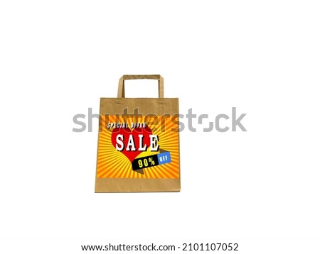 Drawing of special offer sale 90 % off  for promotion on recycle paper bag with white background, business, zero waste concept.