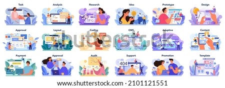 Big website development set. Web site establishing steps, IT project planning. Web page programming and making responsive interface. Isolated flat illustration Royalty-Free Stock Photo #2101121551