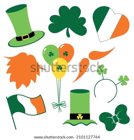 Saint patrick's day icons set in cartoon style isolated on white background. St patrick's day stickers, design elements: hat, beard, mustache, headband with clovers, clover, bow tie, flag of ireland