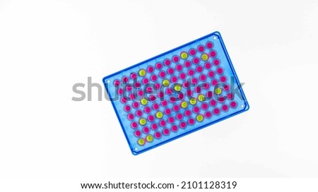 Enzyme-linked immunosorbent assay (ELISA) 96 well micro plate, Immunology or serology testing method in science medical laboratory Royalty-Free Stock Photo #2101128319