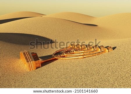 Ancient menorah abandoned in the desert. 3D Render