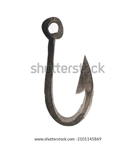 single watercolor element curved gray metal fishing hook. High quality photo