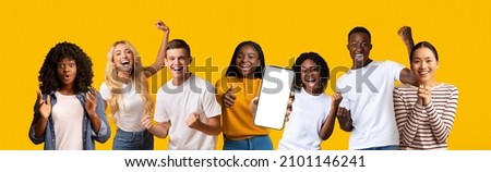 Collage With Diverse Multiethnic Young People Celebrating Success And Showing Blank Smarphone Screen, Excited Happy Millennials Emotionally Reacting To Online Offer, Yellow Background, Mockup