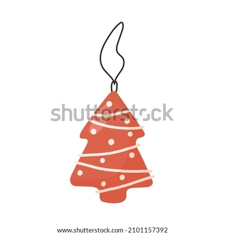 Christmas tree ornament in the shape of gingerbread tree - flat vector illustration isolated on white background. Winter bauble for holiday spirit.