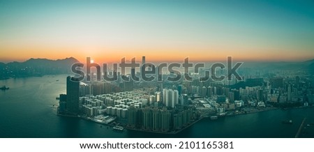 Aerial panorama landscapes of Hong Kong city in sunset
