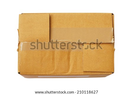 top view of old closed brown paper box isolated on white background