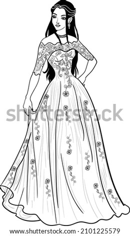 Indian wedding clipart, beautiful bride adornment forner style, black and white line drawing clip art illustration. Indian wedding symbol of bride "dulhan".
