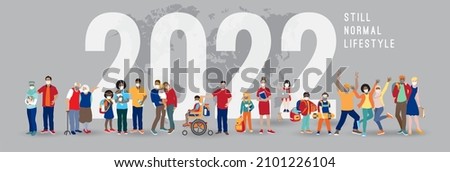 2022 new normal lifestyle during coronavirus pandemic, abstract safety concept. Diverse male, female adults, kids, young, aged people wearing protective medical face masks. Vector horizontal banner