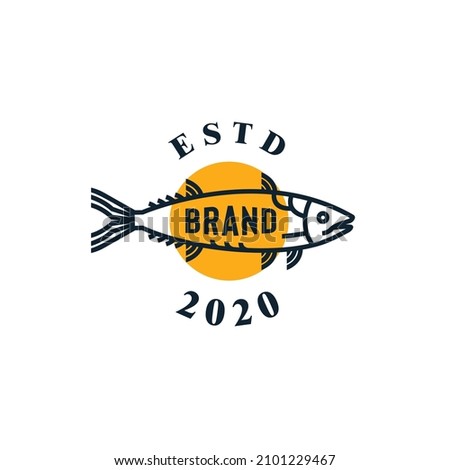 salmon with yellow circle, minimalist marine fish logo, instant food label or fishing company