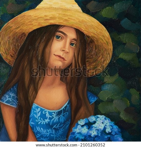 A girl wearing straw hat and blue dress with blue Hydrangea flower. Oil on canvas portrait