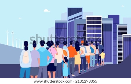 Removing in megapolis. People crowd stand in waiting line for entrance in big city. New way, refugees and opportunities, vector concept Royalty-Free Stock Photo #2101293055