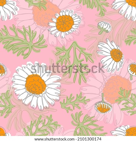 Seamless pattern of camomiles. Trendy floral design for textile, fabric, wallpaper, wrapping. Vector illustration