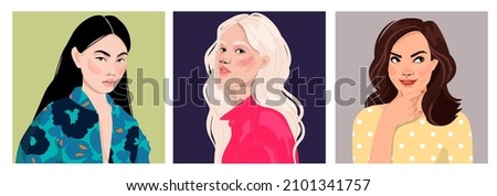 Set of portraits of women of different gender and age. Diversity. Vector flat illustration. Avatar for a social network.  Vector flat illustration