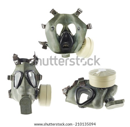 Army gas mask isolated over the white background, set of three foreshortenings